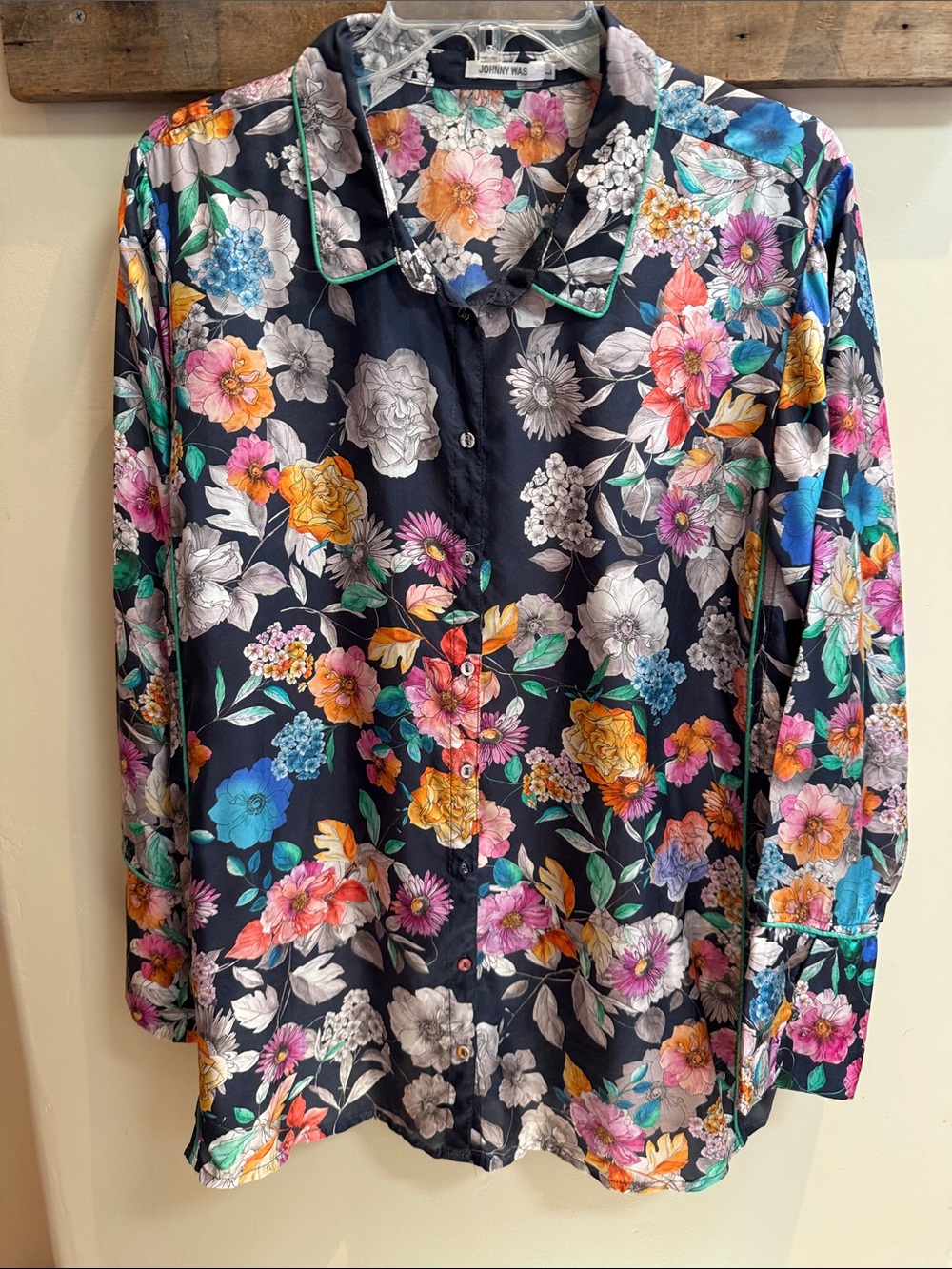 Johnny Was Navy Blue Floral Button-Down Shirt with Blooms & Green Stripe - Large